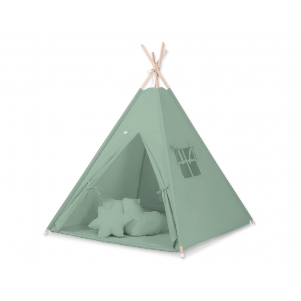 MEGA Set: Teepee Kinderspielzelt Spielmatte Kissen Schmuckfedern GRATIS! - weißgrün