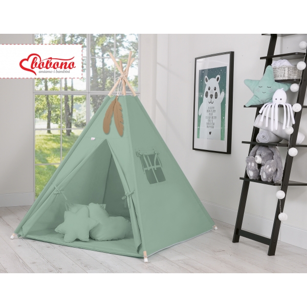MEGA Set: Teepee Kinderspielzelt Spielmatte Kissen Schmuckfedern GRATIS! - weißgrün