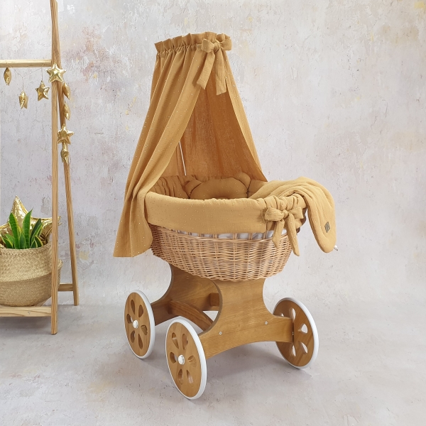 Stubenwagen aus Holz und Rattan mit Rädern Komplett inkl. Bett Set Musselin