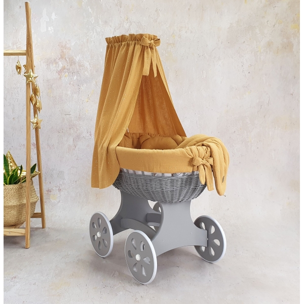 Stubenwagen aus Holz und Rattan mit Rädern Komplett inkl. Bett Set Musselin