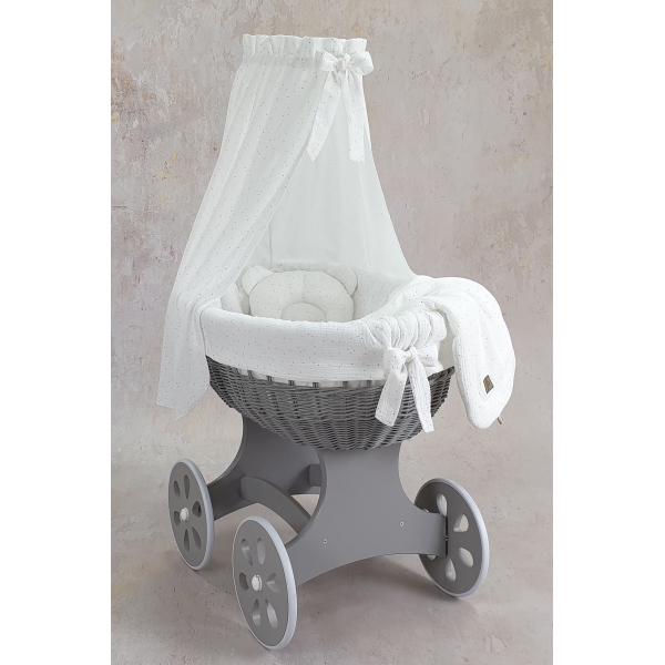 Stubenwagen aus natur Weide Ecru Bezug Musselin Gold