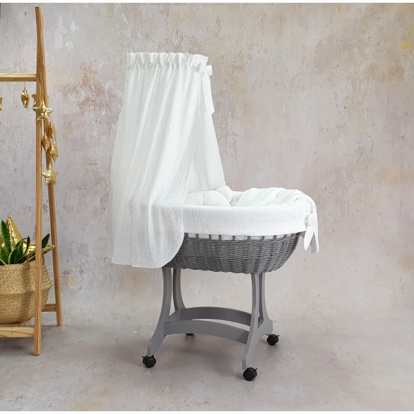 Stubenwagen Baby - grau mit kleinen Rollen und Himmel aus Musselin Komplettset