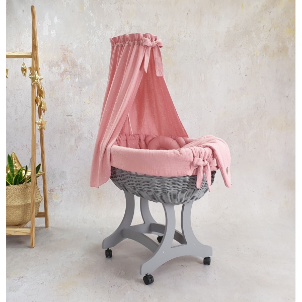 Stubenwagen Baby mit Himmel Rollen Puderrosa Bezug