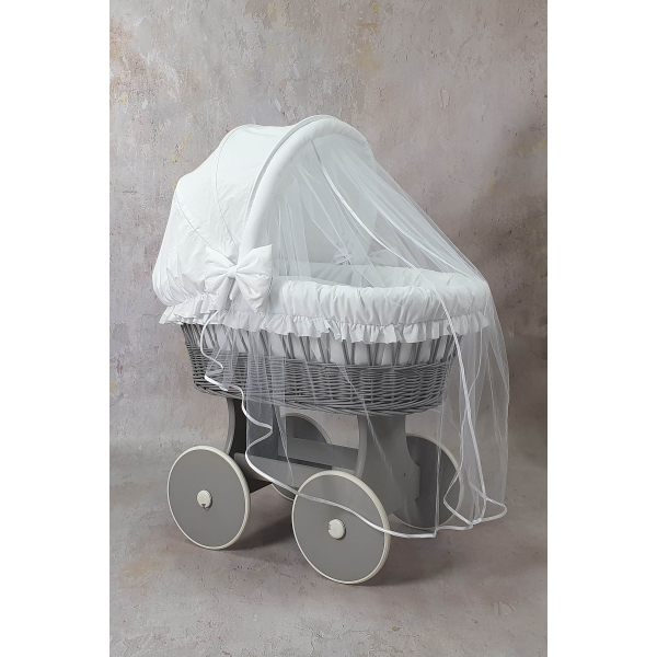 Stubenwagen grau  Komplett Set mit Bettwäsche Weiß