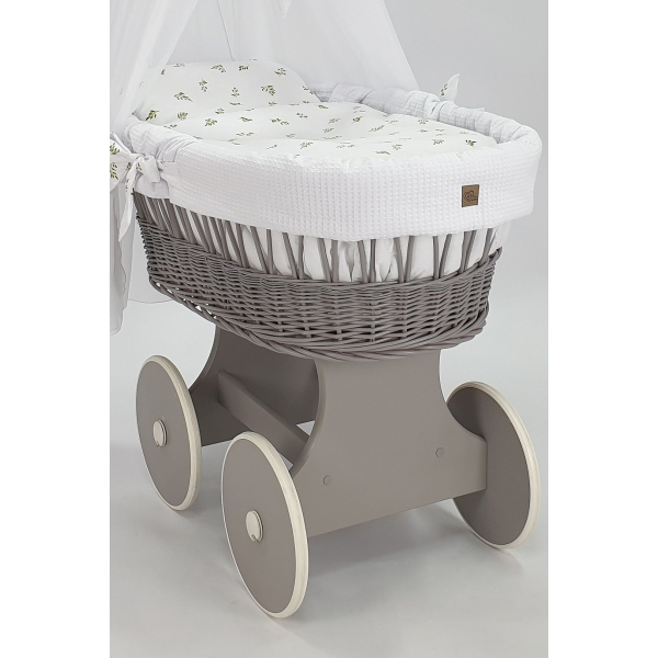Stubenwagen grau Holz und Rattan