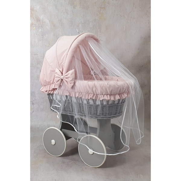 Stubenwagen grau Komplett Set mit Bettset Puderrrosa