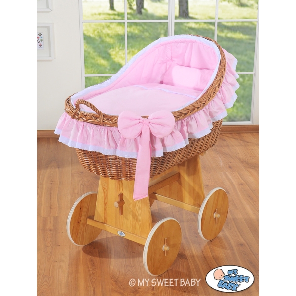 Stubenwagen für Mädchen mit Bettwäsche mit Weidenhaube Carina - Rosa Pink