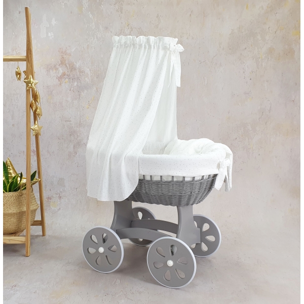 Stubenwagen mit Himmel  Grau mit Weiße Musselin Gold Bettset