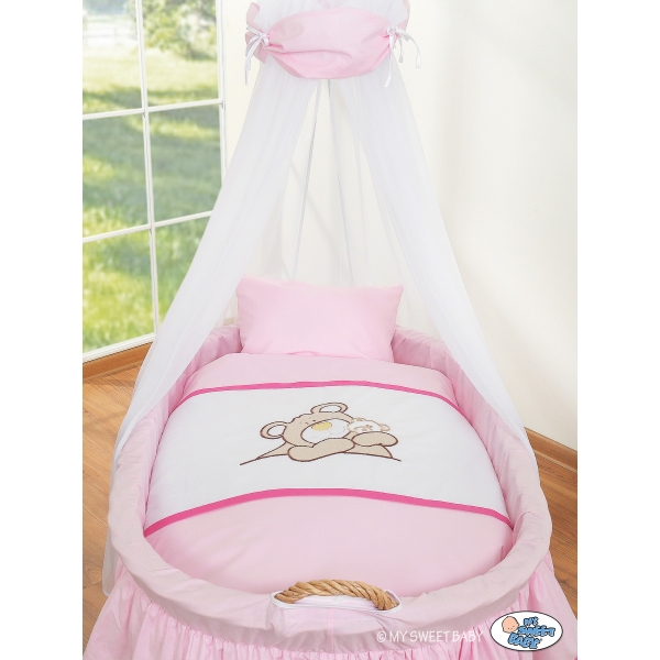 Stubenwagen mit Himmel Bettwäsche Teddy Bär Barnaba rosa
