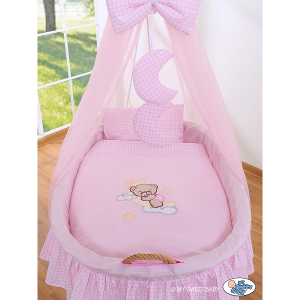Stubenwagen mit Himmel mit Bettset & Bettwäsche - Gute Nacht rosa