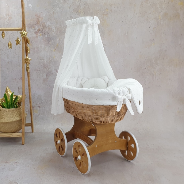Stubenwagen mit Himmel - Natur Holz mit Weiß Musselin Gold Bettset