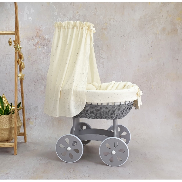 Stubenwagen mit Himmel - natur mit Ecru Musselin Gold Bettset