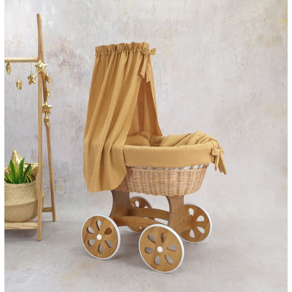 Stubenwagen mit Himmel - Natur mit Karmell Musselin Gold Bettset