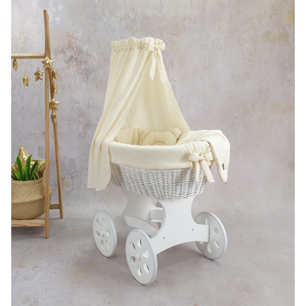 Stubenwagen mit Himmel - Weiß mit Ecru Musselin Gold Bettset