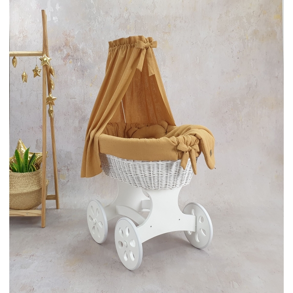 Stubenwagen mit Himmel - Weiß mit Karmell Musselin Gold Bettset