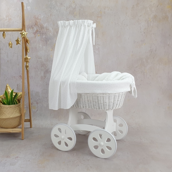 Stubenwagen mit Himmel - Weiß mit Weiß Musselin Gold Bettset
