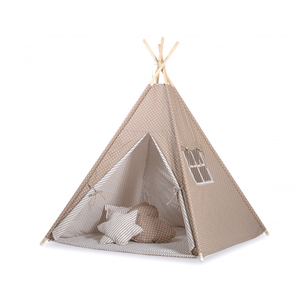 Teepee Kinder Spielzelt + Schmuckfedern GRATIS! - Braun-Punktemuster/beige gestreift