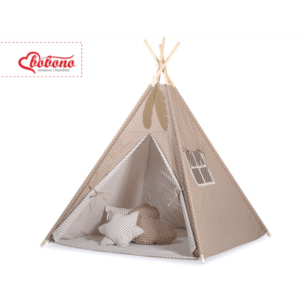 Teepee Kinder Spielzelt + Schmuckfedern GRATIS! - Braun-Punktemuster/beige gestreift