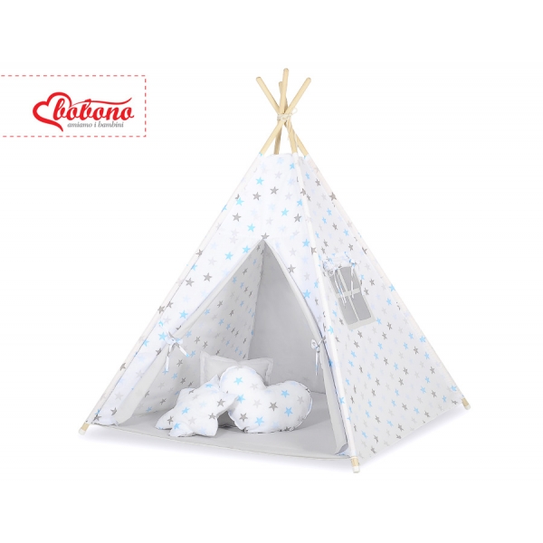 Teepee Kinderspiel-Zelt + Schmuckfedern GRATIS! - Grau-blaue Sternen/grau