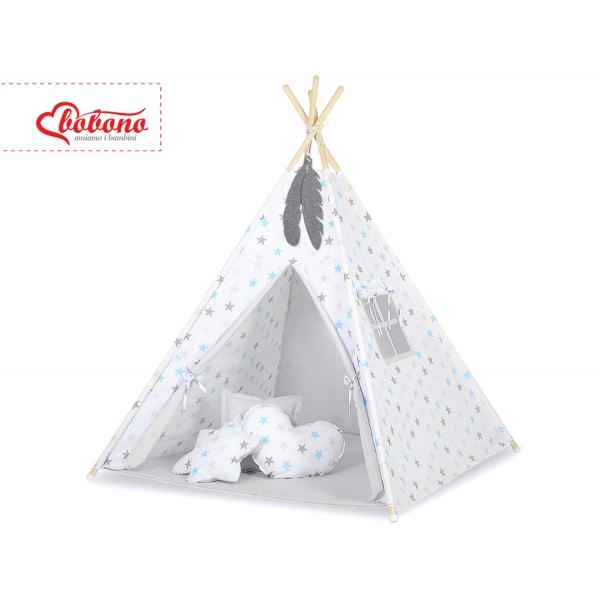 Teepee Kinderspiel-Zelt + Schmuckfedern GRATIS! - Grau-blaue Sternen/grau