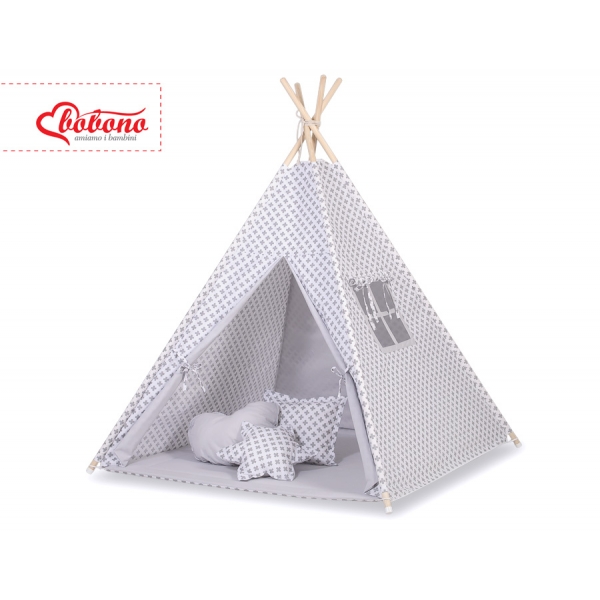 Teepee Kinderspiel-Zelt + Schmuckfedern GRATIS! - Grau-Kreuzmuster