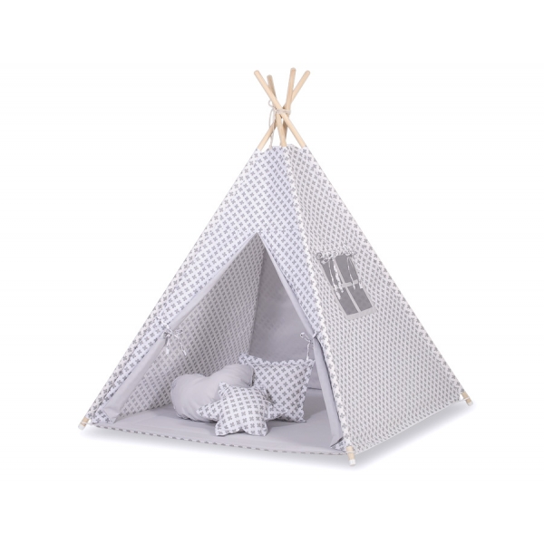 Teepee Kinderspiel-Zelt + Schmuckfedern GRATIS! - Grau-Kreuzmuster