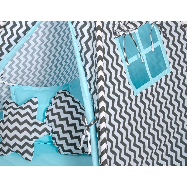 Teepee Kinder Spielzelt - Chevron schwarz/ hell blau