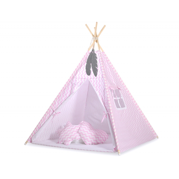 Teepee Zelt Kinder + Schmuckfedern GRATIS! - Chevron rosa