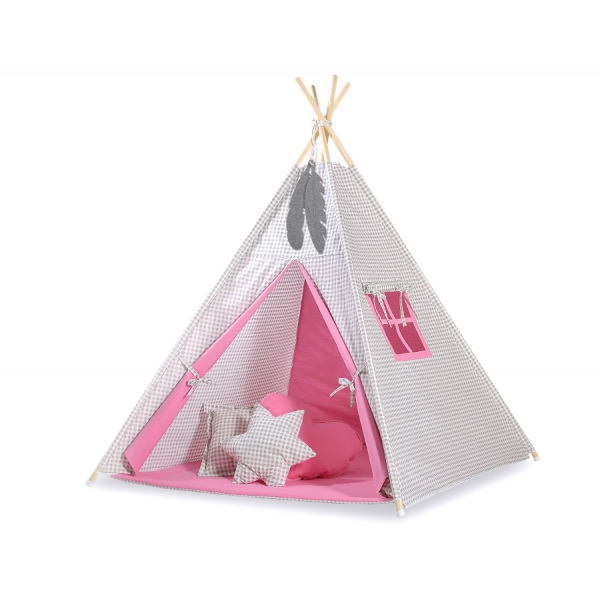 Teepee Zelt mit Spielmatte und Schmuckfedern GRATIS! - Grau kariert-rosa