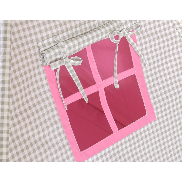 Teepee Zelt mit Spielmatte und Schmuckfedern GRATIS! - Grau kariert-rosa