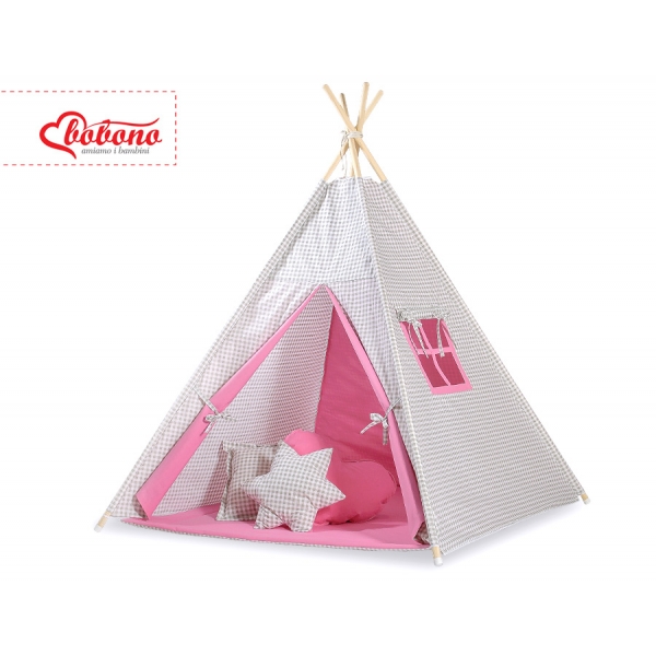 Teepee Zelt mit Spielmatte und Schmuckfedern GRATIS! - Grau kariert-rosa