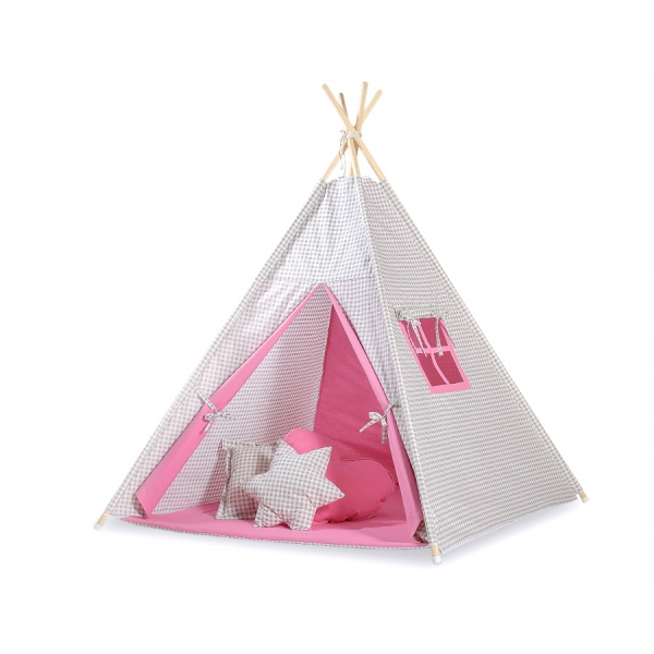Teepee Zelt mit Spielmatte und Schmuckfedern GRATIS! - Grau kariert-rosa