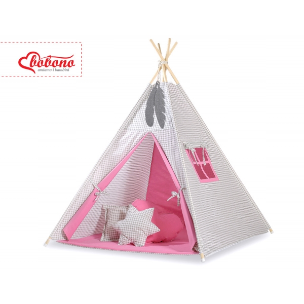 Teepee Zelt mit Spielmatte und Schmuckfedern GRATIS! - Grau kariert-rosa