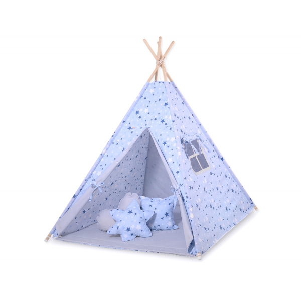 Tipi Kinderspiel-Zelt + Schmuckfedern GRATIS! - blaue Sternen/grau