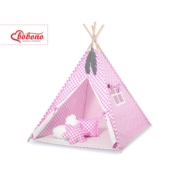 Tipi Kinderspiel-Zelt + Schmuckfedern GRATIS! - Rosa-Punktemuster