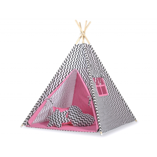 Tipi Zelt - Chevron schwarz/ dunkel rosa