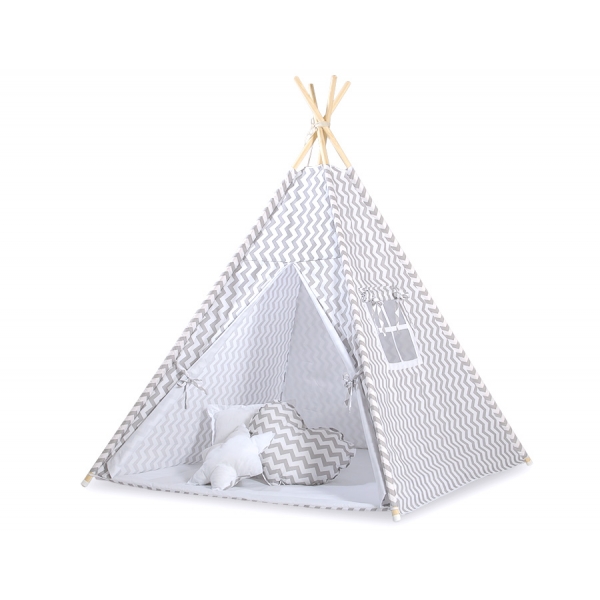 Tipi Zelt für Kinder + Schmuckfedern GRATIS! - Chevron grau