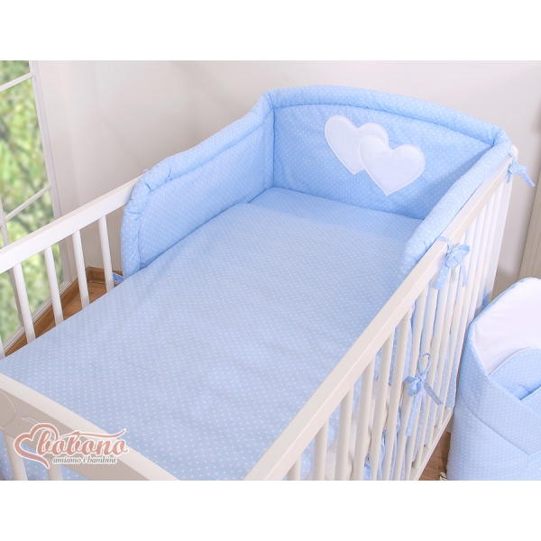 Universal Babybett Kopfschutz - Hängende Herzen Blau-Punktemuster