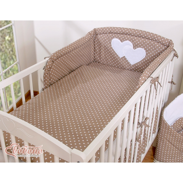 Universal Babybett Kopfschutz - Hängende Herzen Braun-Punktemuster