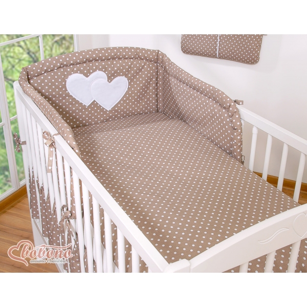 Universal Babybett Kopfschutz - Hängende Herzen Braun-Punktemuster