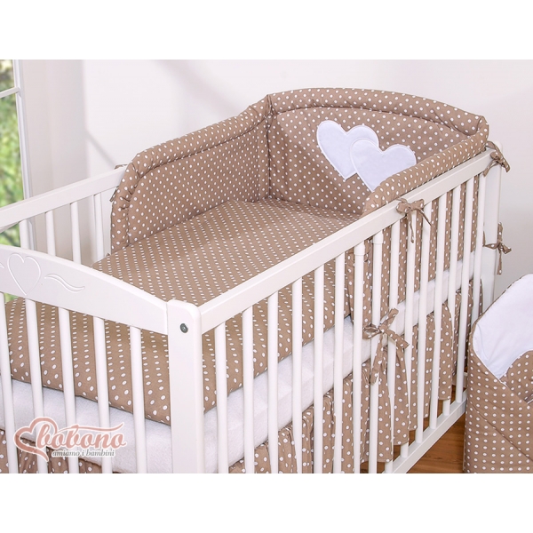 Universal Babybett Kopfschutz - Hängende Herzen Braun-Punktemuster