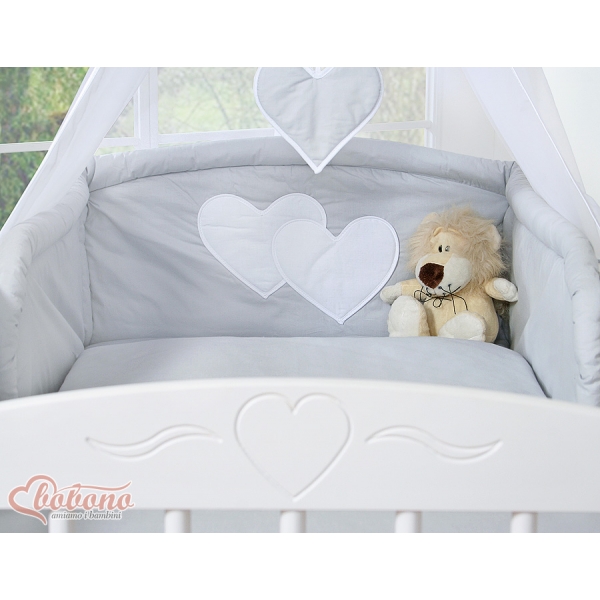 Universal Babybett Kopfschutz - Hängende Herzen grau