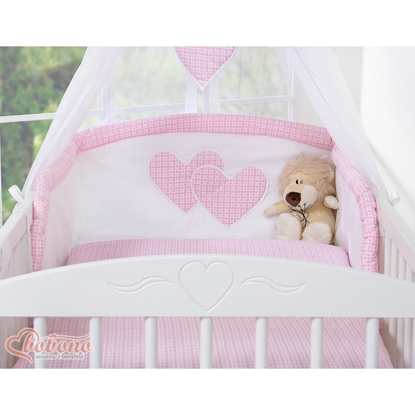 Universal Babybett Kopfschutz - Hängende Herzen rosa kariert