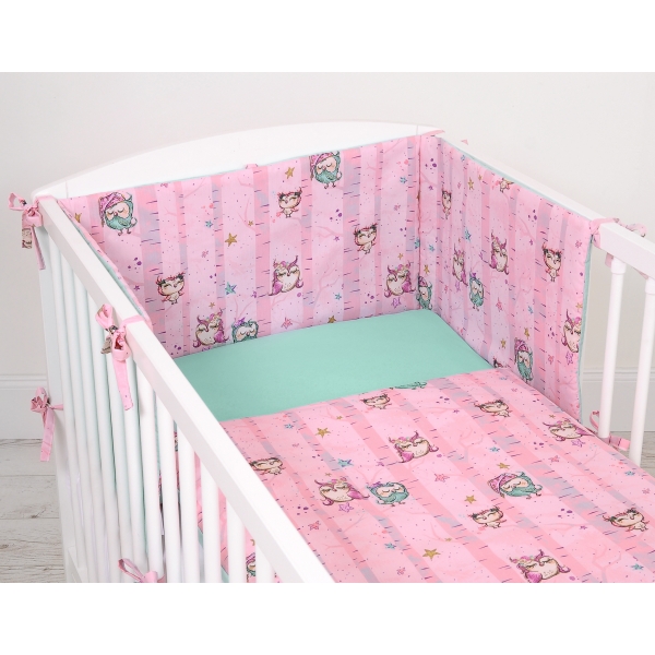 Universal Bettumrandung für Babybett - Eulen rosa-minze