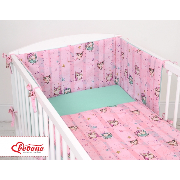 Universal Bettumrandung für Babybett - Eulen rosa-minze