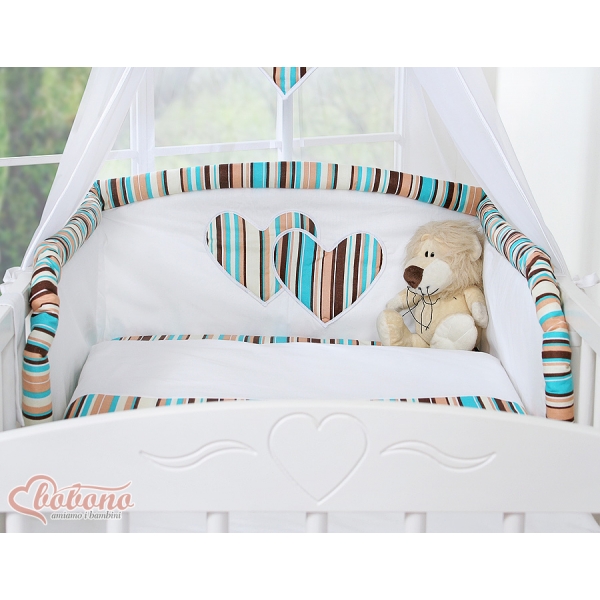 Universal Kopfschutz für Babybett - Hängende Herzen braun gestreift