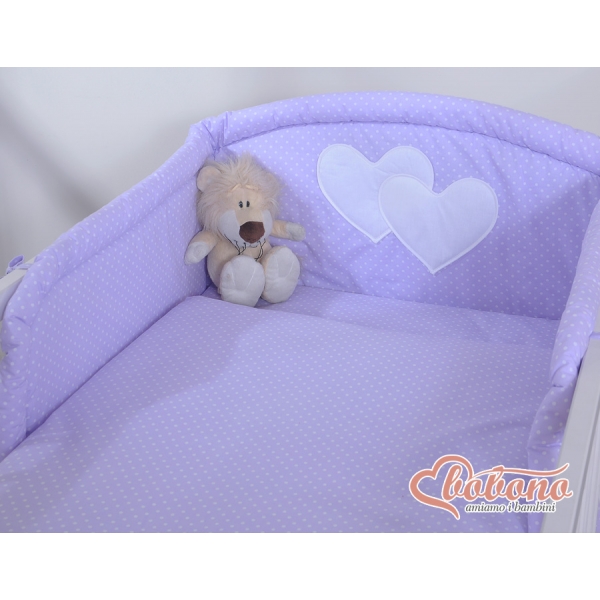Universal Kopfschutz für Babybett - Hängende Herzen Lila-Punktemuster