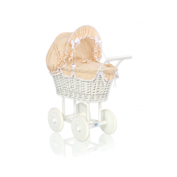Vintage Puppenwagen Weiße Weide Bettwäsche Beige mit Weiß Punktmuster nr 71699-529