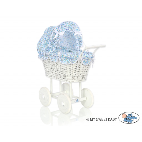 Vintage Puppenwagen Weiße Weide Bettwäsche blaue Blümchen nr 71699-532