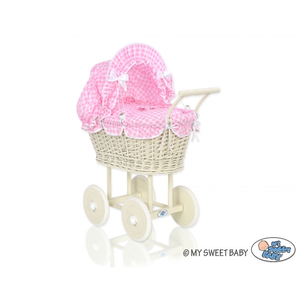 Vintage Retro Puppenwagen Weidengeflecht Bettwäsche Rosa Kariertnr 101699-384